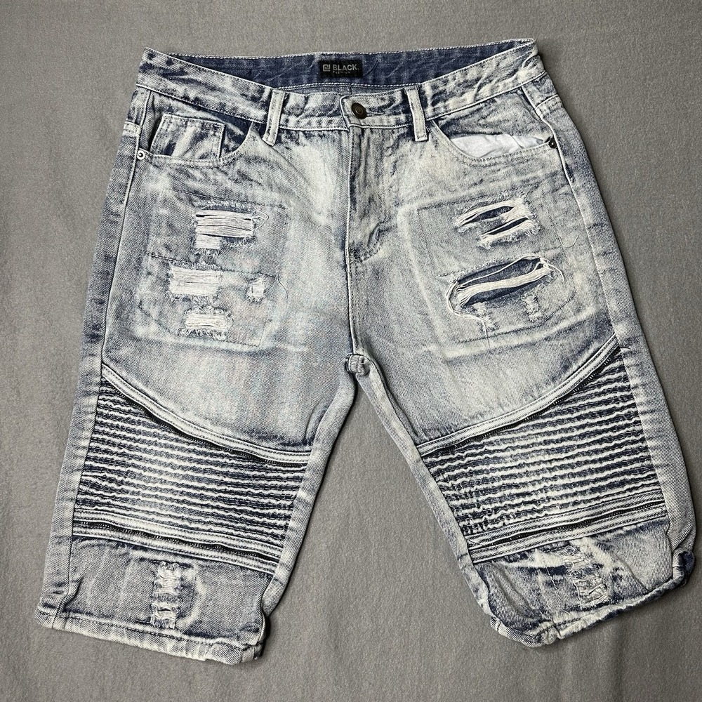 Black Premium Denim Jean Shorts Distressed Cotton Blue‎ Light Stone Wash Mens 34